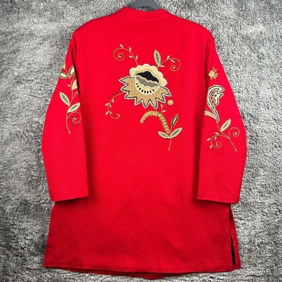 Indigo Moon Long Duster Jacket Red Embroidered Appliqued Artsy Blazer Large - Picture 2 of 9
